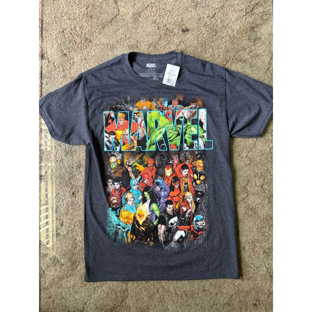 Marvel Comics Graphic T-Shirt Mens M Charcoal Gray Hero Collage NWT